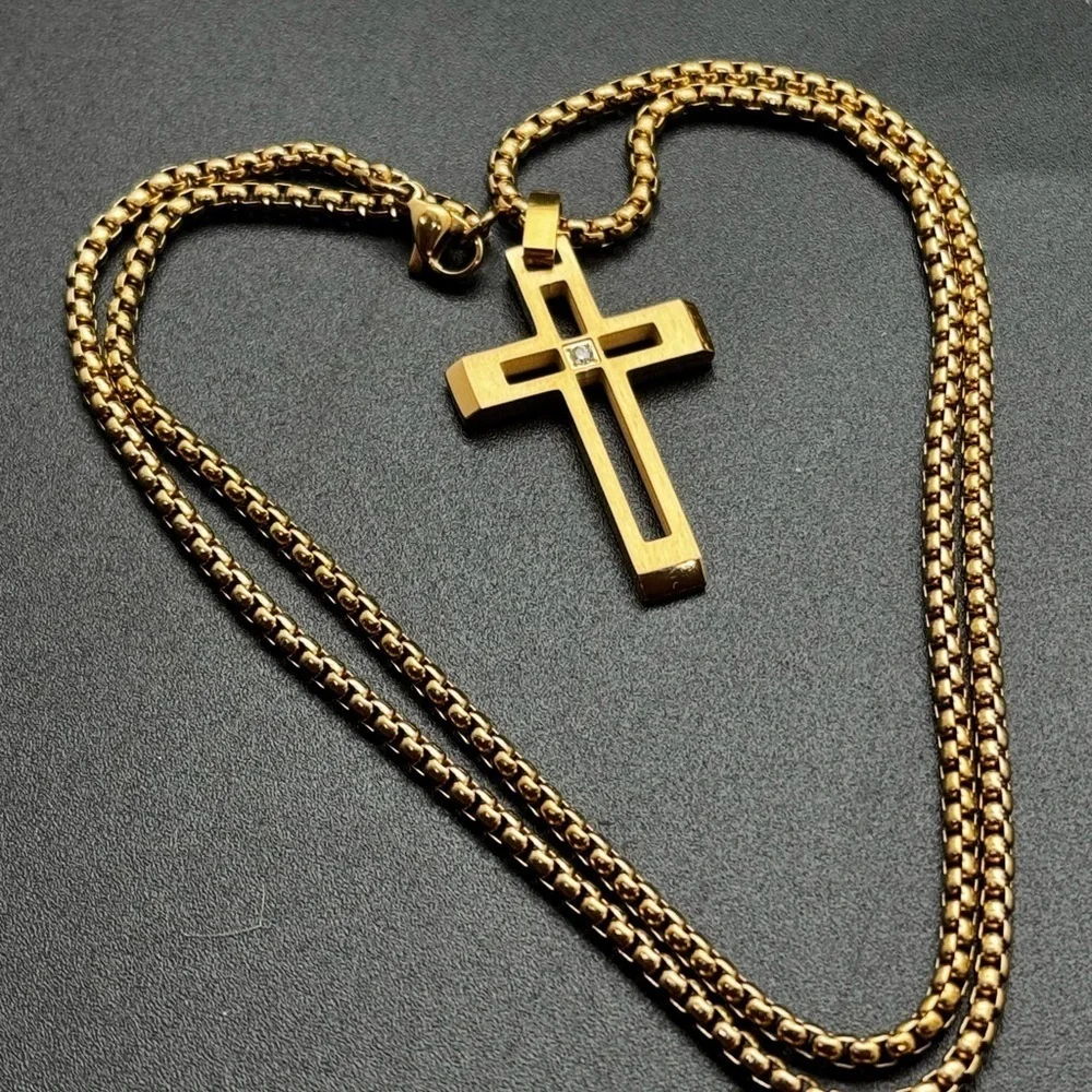 New Stainless Steel Gold Cross Pendant Necklace with cz Diamond Accent‎